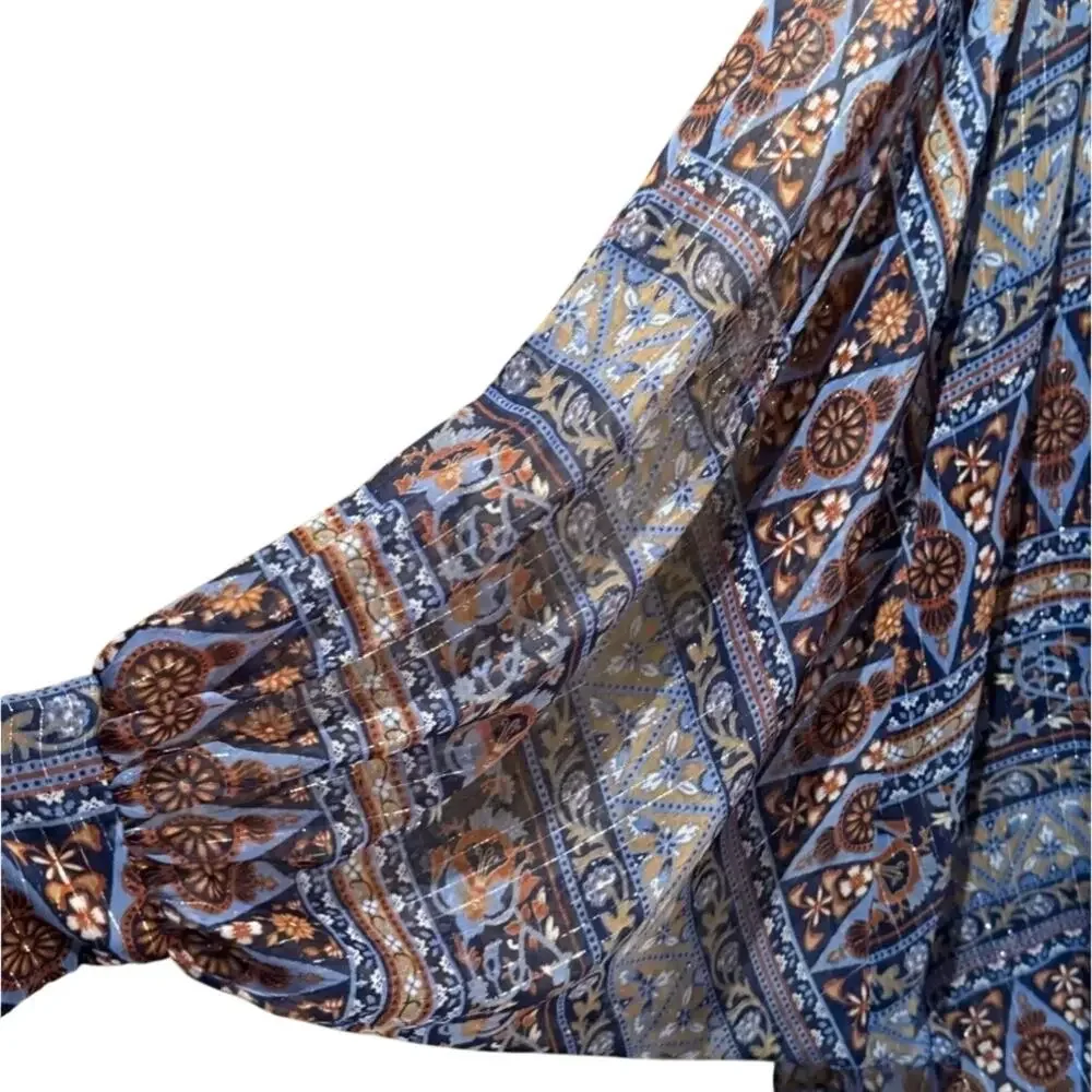 Free People Solstice Shimmer Tie Front Kimono Geometric Blue Shimmer One Size